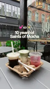 A short, aesthetic montage showcasing the interior, menu, and various coffee and baked goods at Saints of Mokha cafe in Leicester to celebrate their 10th anniversary.