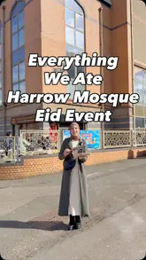 A fast-paced vlog-style reel showcasing various food vendors at the Harrow Mosque Eid Fair, featuring a wide range of items including burgers, samosas, waffles, and desserts.