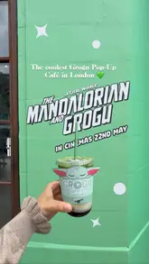 A short, upbeat video showcasing a Star Wars-themed Grogu pop-up cafe in Shoreditch, London. The reel features the venue's interior, branded merchandise, a claw machine, and themed drinks like matcha and bubble tea.