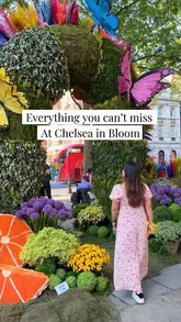 This reel provides a guide to the Chelsea in Bloom festival, showcasing various floral installations and special offers at local shops. It uses a mix of video clips of the displays and static text slides to convey information about the event, including specific locations and activities like rickshaw rides and in-store promotions.