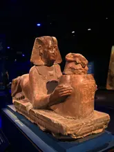 A clear, well-composed photograph of an ancient Egyptian statue on display at the Ramses exhibition at Battersea Power Station.