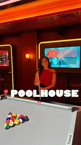 A promotional video for Poolhouse in Liverpool Street, showcasing the venue's interior, AI-powered pool tables, and food/drink offerings.