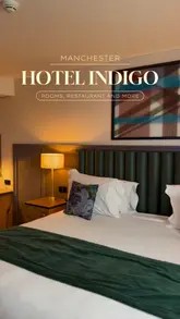 A montage showcasing the interiors of Hotel Indigo Manchester, including guest rooms, the bathroom, the restaurant area, and cocktails.