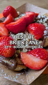 A creator visits a street food stall called Bogar Poffertjes on Brick Lane as part of a series reviewing restaurants in the area. She samples their Dutch pancakes with chocolate, strawberries, and nuts, provides a rating based on vibes, vegan options, and value, and updates a running scoreboard.