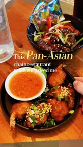 A short, punchy food review video showcasing various Pan-Asian dishes at a restaurant chain, focusing on the visual appeal of the food and the casual dining atmosphere.