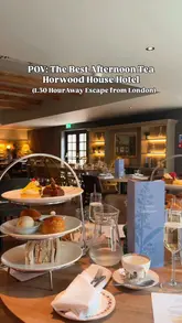 A montage showcasing an afternoon tea experience at Horwood House Hotel, featuring shots of the hotel exterior, the tea service, and the food spread.