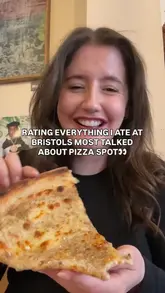 A creator visits Gigi's Pizza in Bristol, reviewing several pizza slices including Cacio e Pepe, Tapenade, and Vodka, while highlighting the affordable price point and quality.