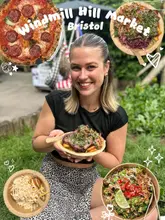 A promotional collage for Windmill Hill Market in Bristol, featuring a creator holding a plate of food surrounded by floating images of other dishes available at the market.