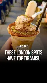A compilation video showcasing various Tiramisu-themed desserts available at different venues across London, including a Tiramisu pizza, latte, affogato, classic tiramisu, and soft serve.