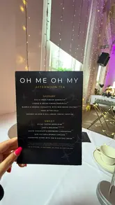 A montage showcasing an afternoon tea experience at Oh Me Oh My in Liverpool, featuring the menu, tea selection, and tiered food stand.