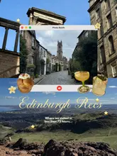 A graphic-style collage promoting a list of Edinburgh hospitality venues, featuring a landscape view of Arthur's Seat, a street scene, and cutouts of a pastry and cocktails.