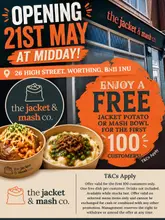 A promotional graphic for the opening of 'The Jacket & Mash Co.', featuring clear text overlays detailing the opening date, location, and a promotional offer for the first 100 customers. The design incorporates high-quality, appetizing imagery of the signature jacket potato and mash bowl dishes.