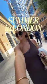A short, energetic listicle video recommending three London restaurants for summer dining. The video features a mix of handheld vlog-style shots of the creator and static, well-lit shots of the food and venue settings, including canal-side views and outdoor seating areas.