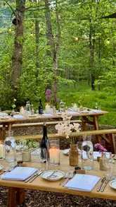 A visually stunning montage showcasing 'The Wild Table,' an immersive woodland pop-up dining experience featuring open-fire cooking, communal tables, and a scenic outdoor setting.