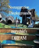 A bright, sunny photograph of a child standing in a wooden adventure playground, featuring a large text overlay that dominates the upper portion of the frame.