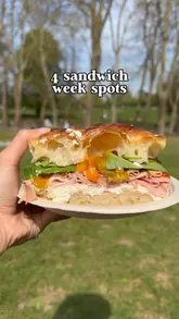 A fast-paced listicle video highlighting four sandwich shops in London for British Sandwich Week, featuring close-ups of food preparation, the finished sandwiches, and the creator's reactions.