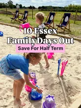 A bright, outdoor lifestyle shot of children playing in a sandpit, used as a cover image for a listicle about family days out in Essex.