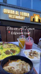 A montage showcasing the interior and various traditional Yemeni dishes at Diwan Al Yemen restaurant on Edgware Road, highlighting the generous portions and authentic presentation.