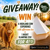 A professionally designed promotional graphic for a giveaway featuring a Highland cow and a glamping tent, advertising a family experience package at Quex Adventure Farm Park.