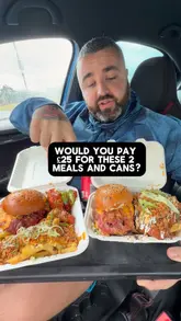 Two creators review a meal deal from Fat Boyz in Strabane, featuring smash burgers, loaded fries, and buffalo wings. They discuss the quality, value, and taste of the food while eating in their car.