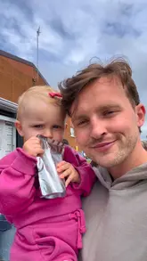 A vlog-style review of a local coffee and food truck called 'Good Habits', featuring the creator and his toddler trying a strawberry matcha, an açaí bowl, and a ham and cheese toastie.