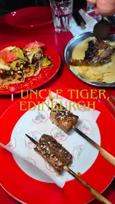 A montage showcasing various dishes at Uncle Tiger in Edinburgh, including yakitori, small plates, and desserts.