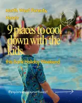 A social media graphic featuring a child looking at a water play area, used to promote a listicle of family-friendly venues in the North West for the Bank Holiday weekend.
