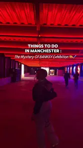 A vlog-style tour of the 'Mystery of Banksy' exhibition in Manchester, showcasing various art installations and the immersive nature of the experience, with a brief mention of a nearby food venue.