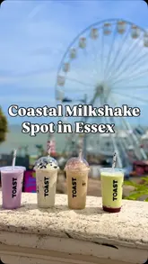 A short video showcasing four different milkshakes from a cafe in Clacton-on-Sea, featuring the Ferris wheel and coastal scenery in the background.
