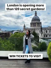 A promotional image featuring a creator on a rooftop terrace with a prominent view of St. Paul's Cathedral, used to advertise a ticket giveaway for London Open Gardens.