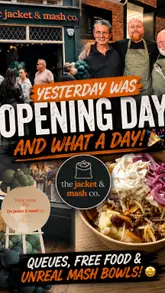 A creator visits 'The Jacket & Mash Co.' on its opening day in Worthing, capturing the queue, the interior, the food preparation process, and providing a taste test of a loaded mash bowl.