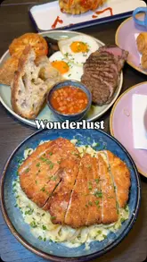 A promotional reel for Wonderlust featuring a variety of brunch and dinner dishes, including mozzarella sticks, steak and eggs, and pistachio French toast, set within a modern, stylish interior.
