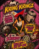 A vibrant, comic-book style promotional poster for a Filipino food pop-up event called 'Kring Kringz' at The Scrandit. The artwork features a central character cooking, surrounded by ingredients and kitchen equipment, effectively communicating the theme of South East Asian cuisine.