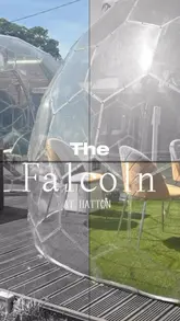 A promotional montage showcasing The Falcon at Hatton, featuring shots of the exterior, outdoor dining pods, cocktails, and a variety of Indian dishes including lamb chops and curry.
