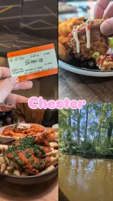 A day in the life vlog following a vegan itinerary in Chester, featuring stops at a coffee shop, market food stall, boat trip, pub, and restaurant.