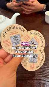 A promotional video for Four Seasons restaurant in Chinatown, featuring a scratch-and-win card incentive for diners. The creator showcases various dishes including roast duck, soy noodles, crab, and sweet and sour chicken, while explaining the promotion details.