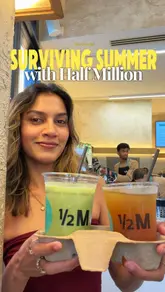 A creator visits Half Million in Central London to showcase their range of iced drinks and grab-and-go food options, highlighting specific menu items like the iced cereal latte and a halal turkey sandwich.