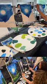 A short montage showcasing a paint and sip class experience, featuring participants painting a landscape scene while enjoying drinks. The video highlights the step-by-step guidance and the social atmosphere of the event.
