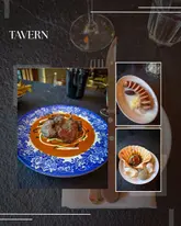 A three-part collage showcasing different dishes including lamb chops, sliced meat, and a scallop, set against a dark, textured background with cutlery, branded with 'TAVERN' text.