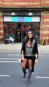 A vibrant, fast-paced reel showcasing a visit to Pong & Puck, a venue combining casual dining with competitive socialising. The video features the creator enjoying pizza and cocktails, followed by a montage of various games including beer pong, shuffleboard, darts, and board games, highlighting the venue's lively atmosphere.