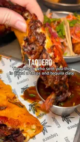 A high-quality, fast-paced montage showcasing a variety of Mexican dishes including beef birria tacos, guacamole, and margaritas at Taquero. The video uses close-up shots to highlight textures and ingredients, effectively building appetite and suggesting a great spot for a date or casual meal.