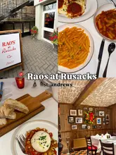 A four-panel collage post showcasing the exterior, interior, and various dishes from the Rao's pop-up at Rusacks in St. Andrews, including pasta, chicken parmesan, and burrata.