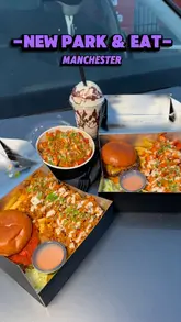 A fast-paced review of a new 'park and eat' takeaway spot in Manchester. The creator showcases various loaded fries, smash burgers, and milkshakes while eating in their car, highlighting the convenience and quality of the food.
