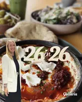 A promotional image for a brunch venue featuring a creator superimposed over a table spread of various dishes including shakshuka, Turkish eggs, and flatbreads. The image uses a collage-style layout with a large text overlay.