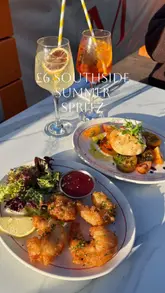 A montage of food and drink items served at The McMillan, featuring cocktails, shrimp, burrata, pork belly, and fries, set in an outdoor dining area.