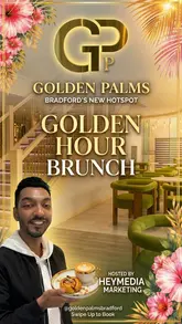 A creator visits Golden Palms in Bradford for an influencer brunch event, showcasing the venue's interior, coffee, and a variety of dishes including chana aloo, a mezze board, steak, and chicken sliders.