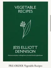 A clean, minimalist promotional graphic for a cookbook titled 'Vegetable Recipes' by Jess Elliott Dennison, featuring a simple botanical illustration on a dark green background.