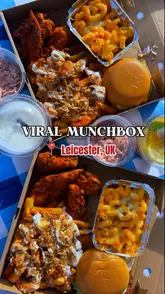 A short, punchy video showcasing a 'munchbox' takeaway meal, featuring close-ups of burgers, loaded fries, mac and cheese, wings, tenders, and mocktails.