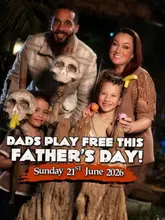A promotional image featuring a family posing with adventure golf props to advertise a Father's Day offer at an adventure golf venue.