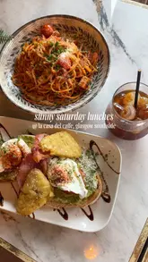 A montage showcasing the food, drinks, and interior of La Casa del Caffe, highlighting brunch dishes like pasta and avocado toast, alongside coffee and the cafe's aesthetic decor.